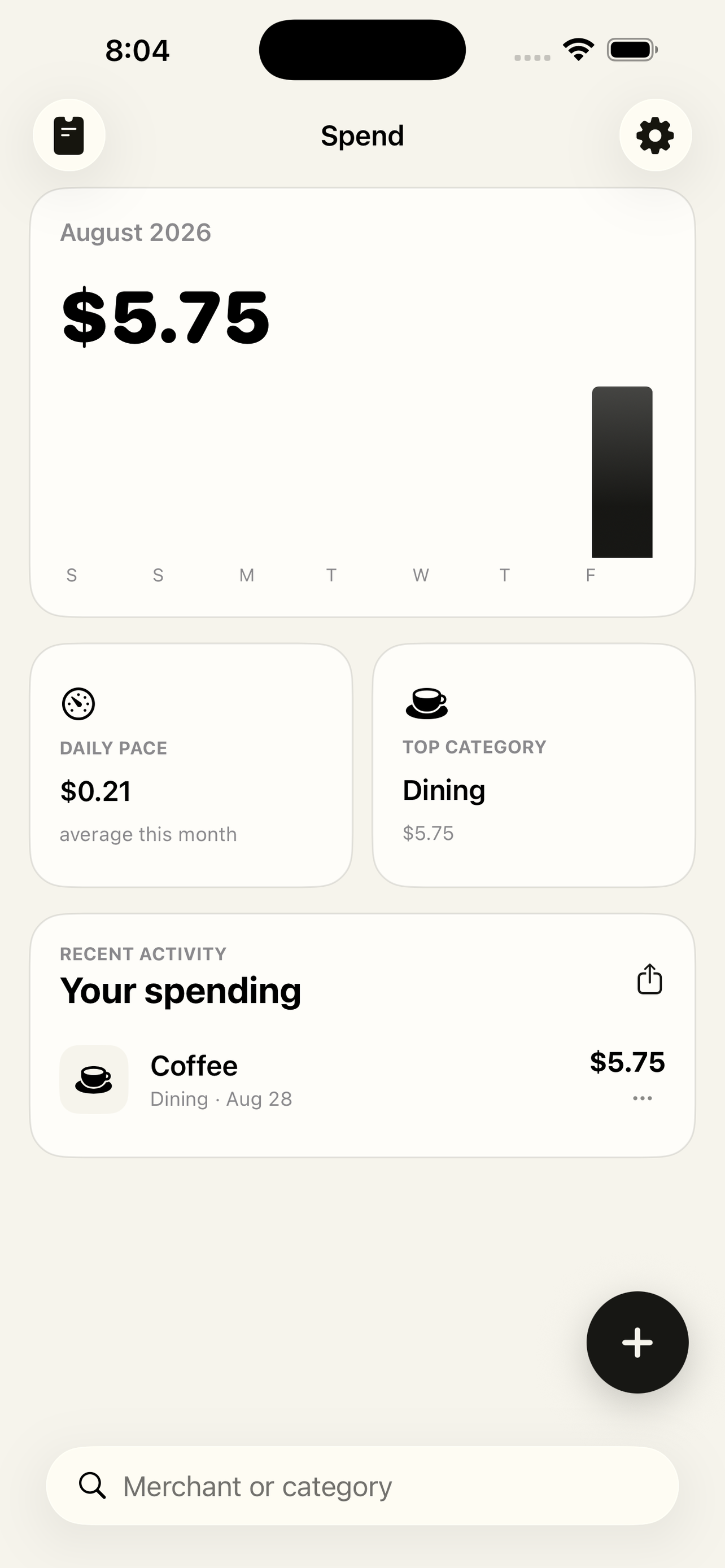 Spend dashboard showing categorized purchases and monthly spending
