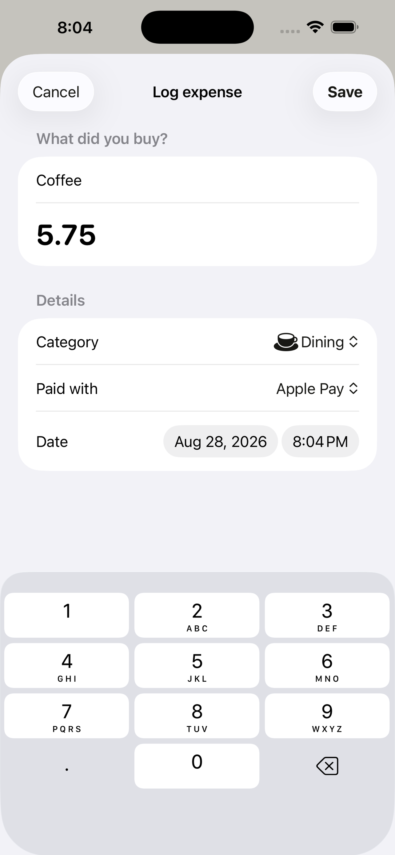 Spend expense entry opened from an Apple Shortcuts automation